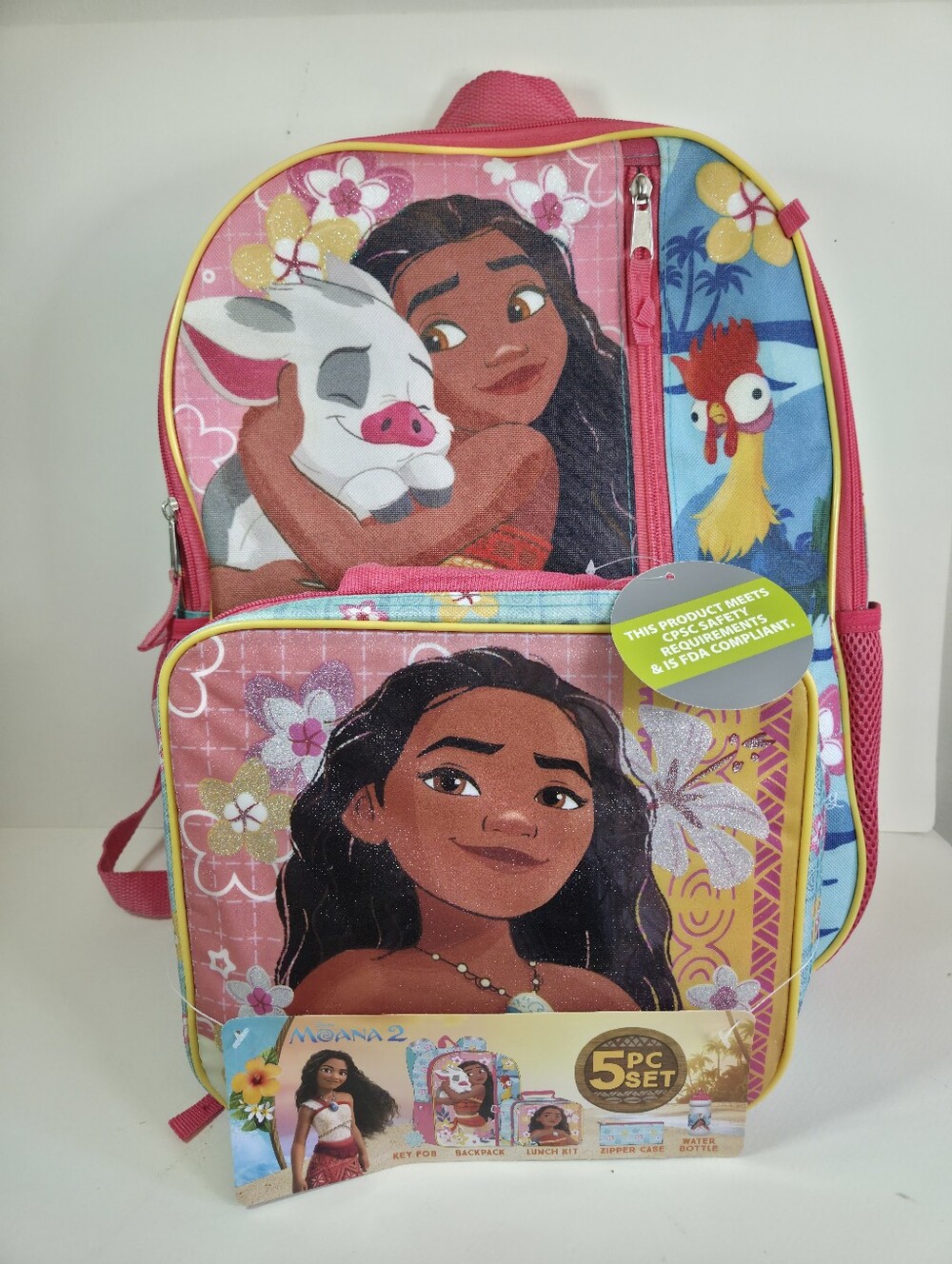 Moana 2 Kids Backpack, Pink Blue Tropical. 5PC Set Disney Moana School Supplies